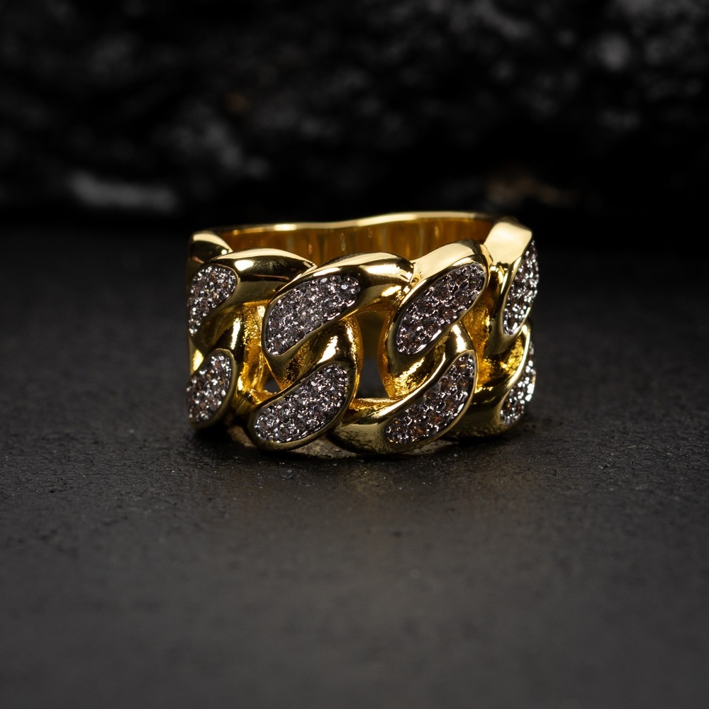 Mens Fashion Cuban Link Yellow Gold Plated Iced Cz Miami Statement Pinky Ring